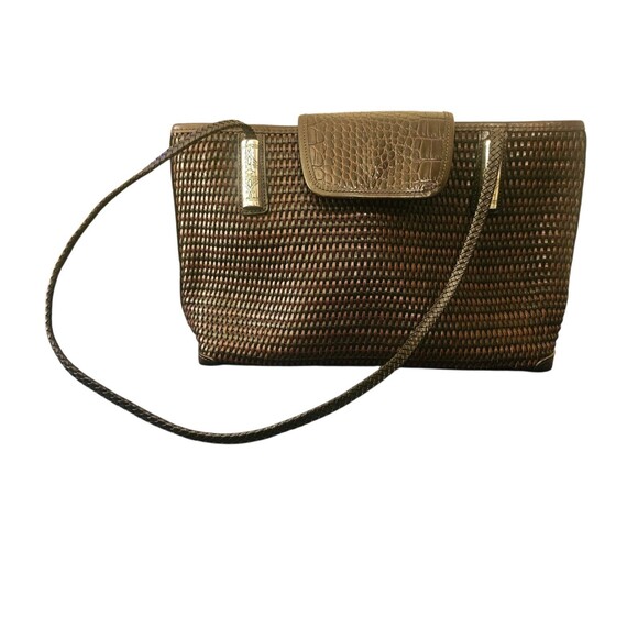 Brighton Vintage Woven Leather Tote | Brown Croc Embossed Flap | Silver Hardware - Picture 4 of 12